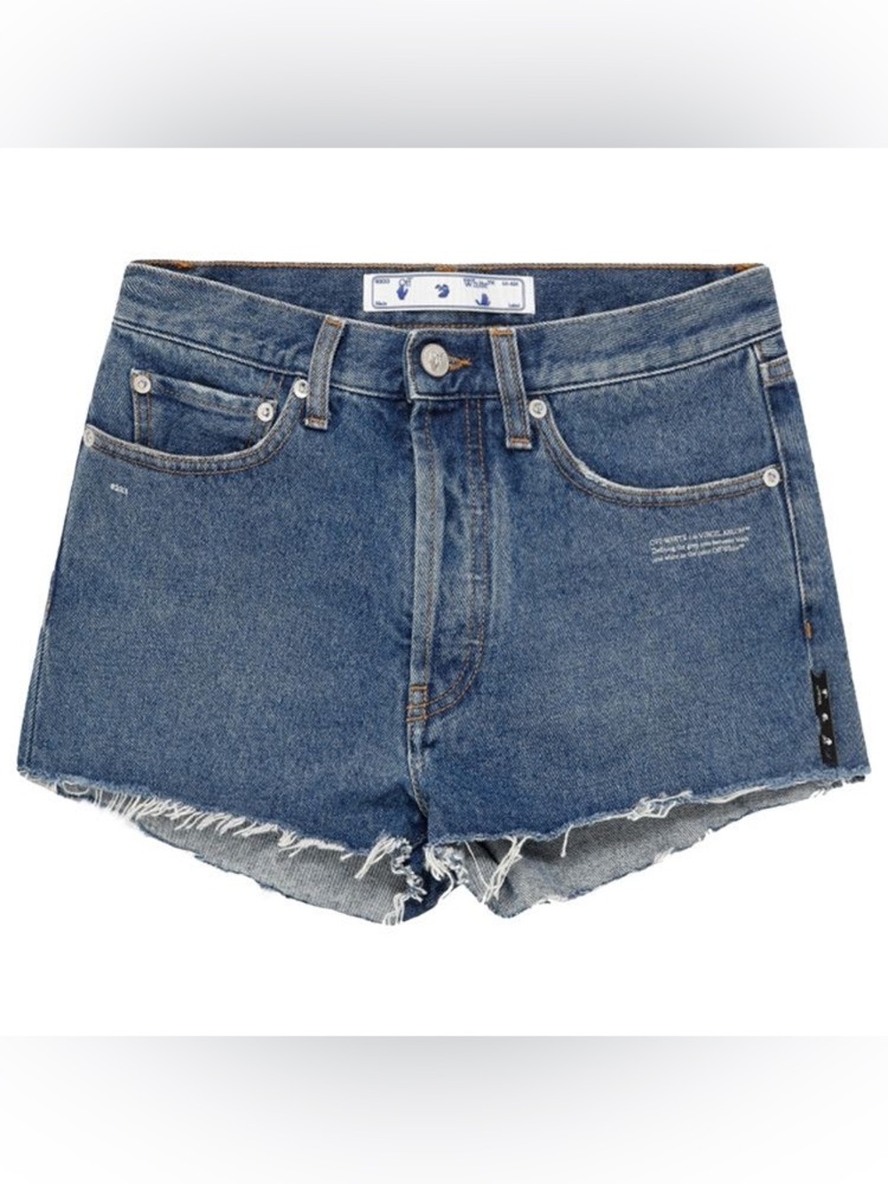 Off-White by Virgil Abloh Logo Print Frayed Denim Shorts, Size 26